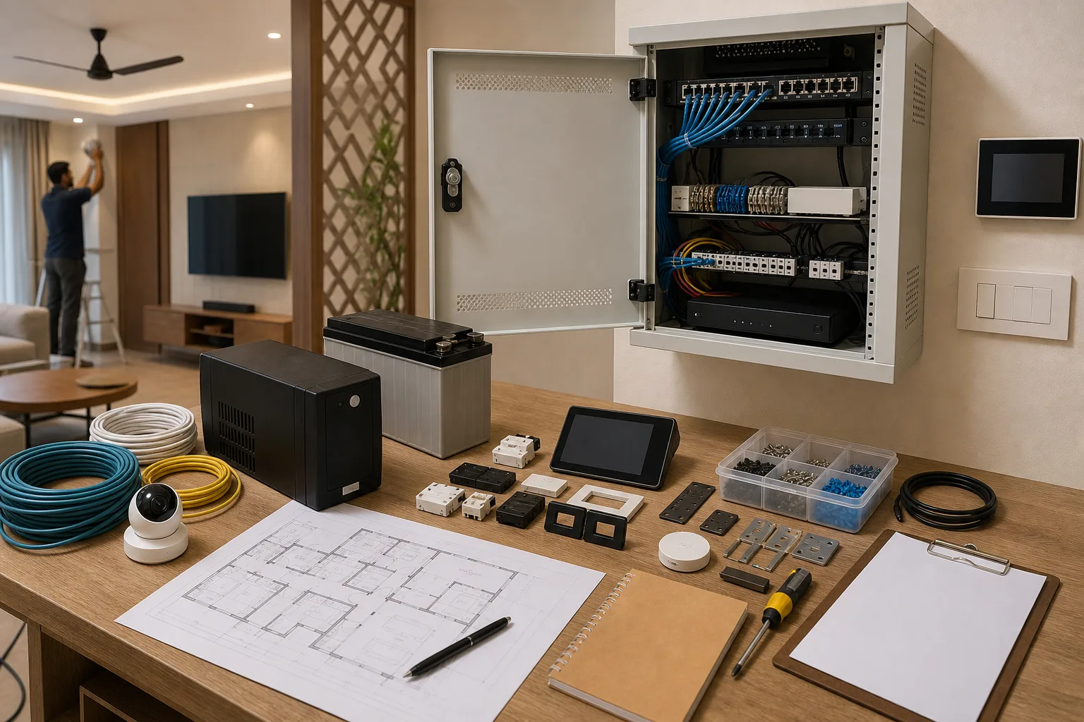 Home automation quote showing networking, backup power, installation, batteries and support line items
