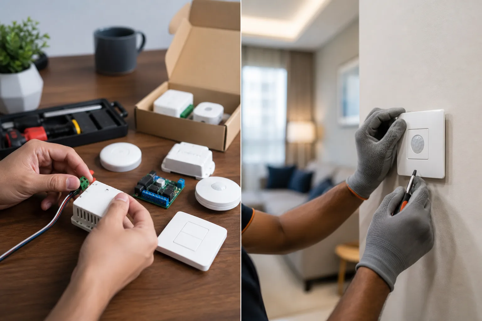 Homeowner comparing a DIY smart device kit with a professional smart home installation plan