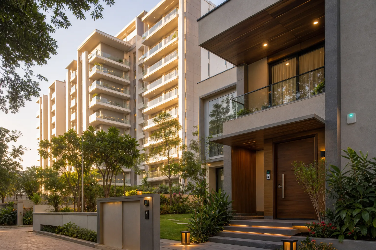 Bangalore smart home scene connecting a high-rise apartment, villa and city skyline