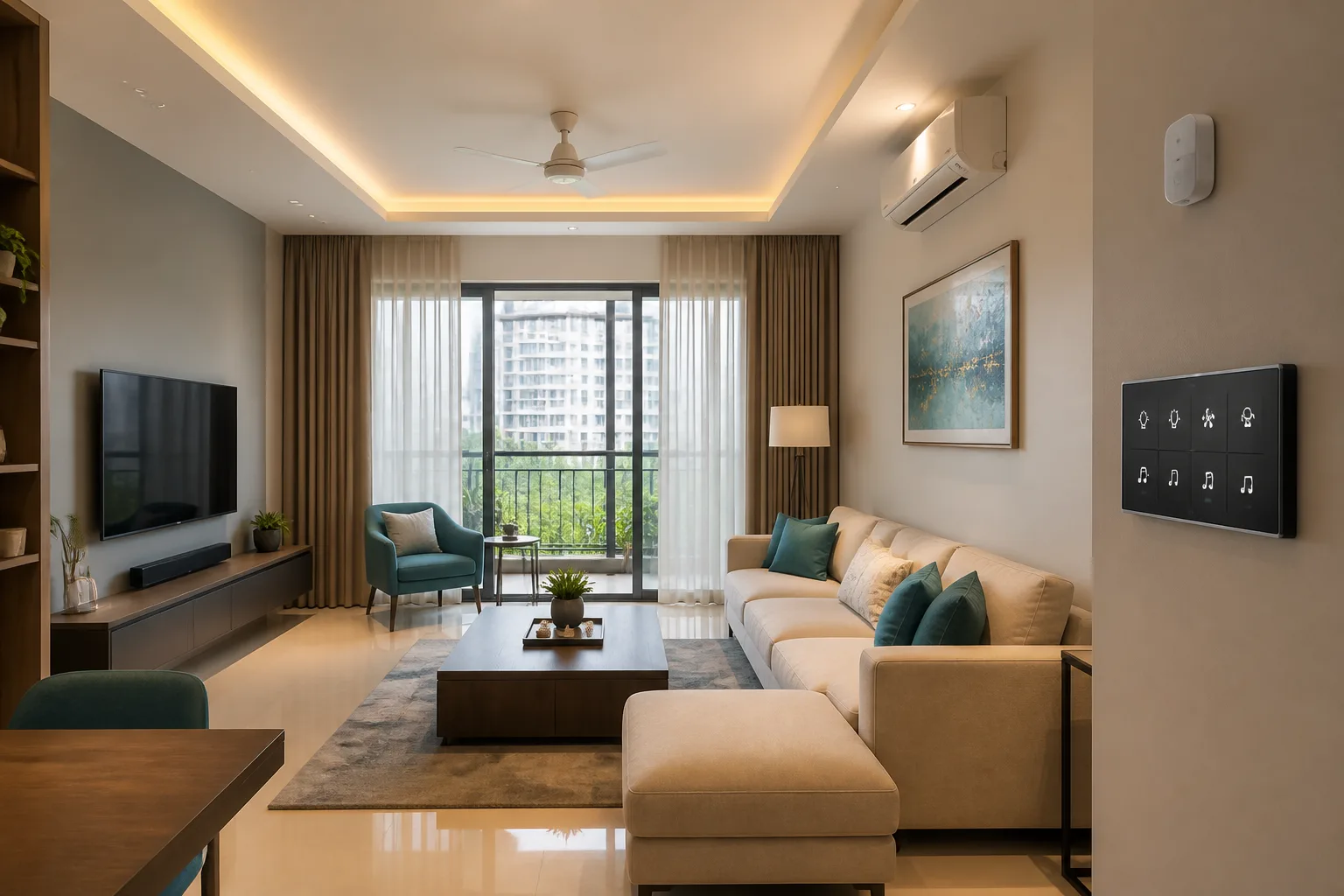 Bangalore apartment living room with smart lighting, AC control and a wall-mounted control panel
