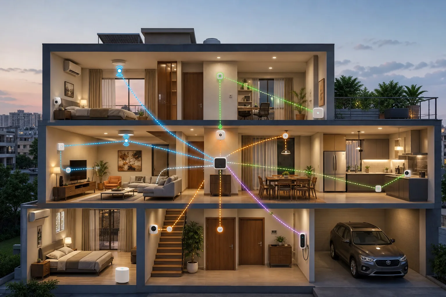 Delhi NCR home wireless network linking Wi-Fi cameras, Zigbee sensors, Thread devices and Matter control