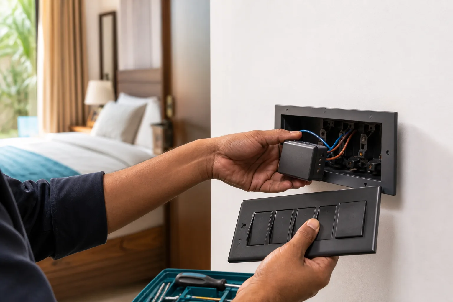 Technician fitting a compact smart relay behind an existing Indian switchboard