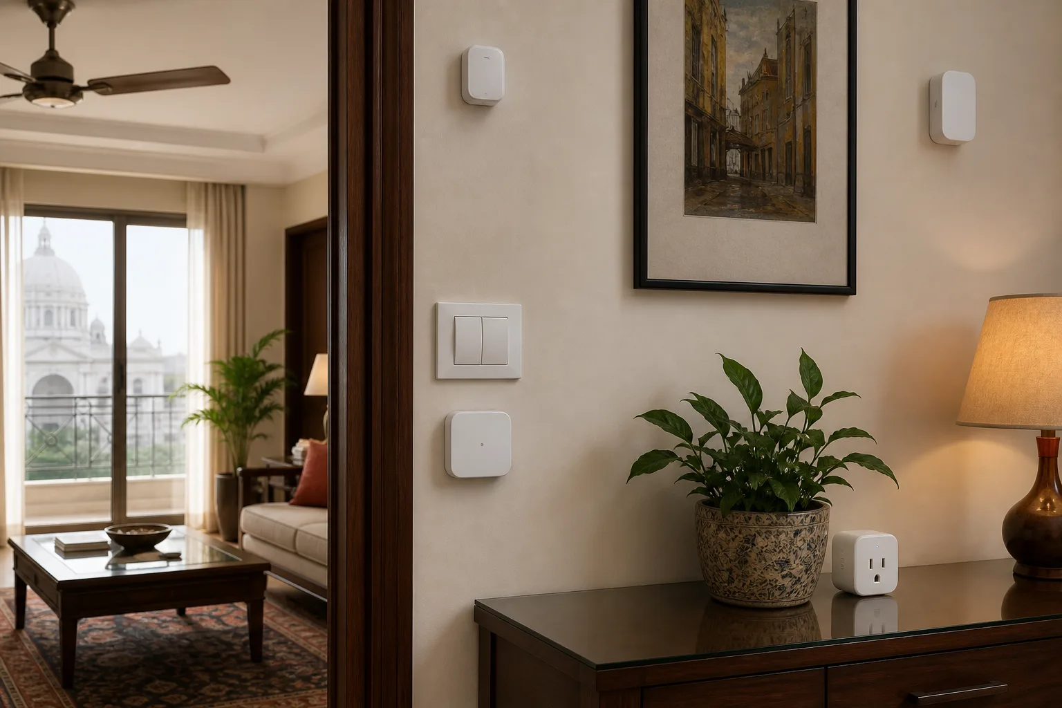 Kolkata heritage room with existing switchboard and smart retrofit devices ready for installation