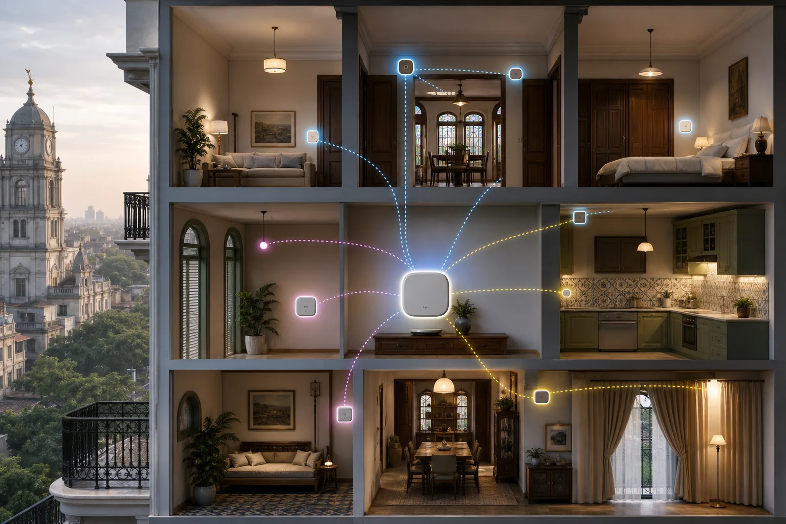 Kolkata heritage home wireless network linking Wi-Fi cameras, Zigbee sensors and Matter control